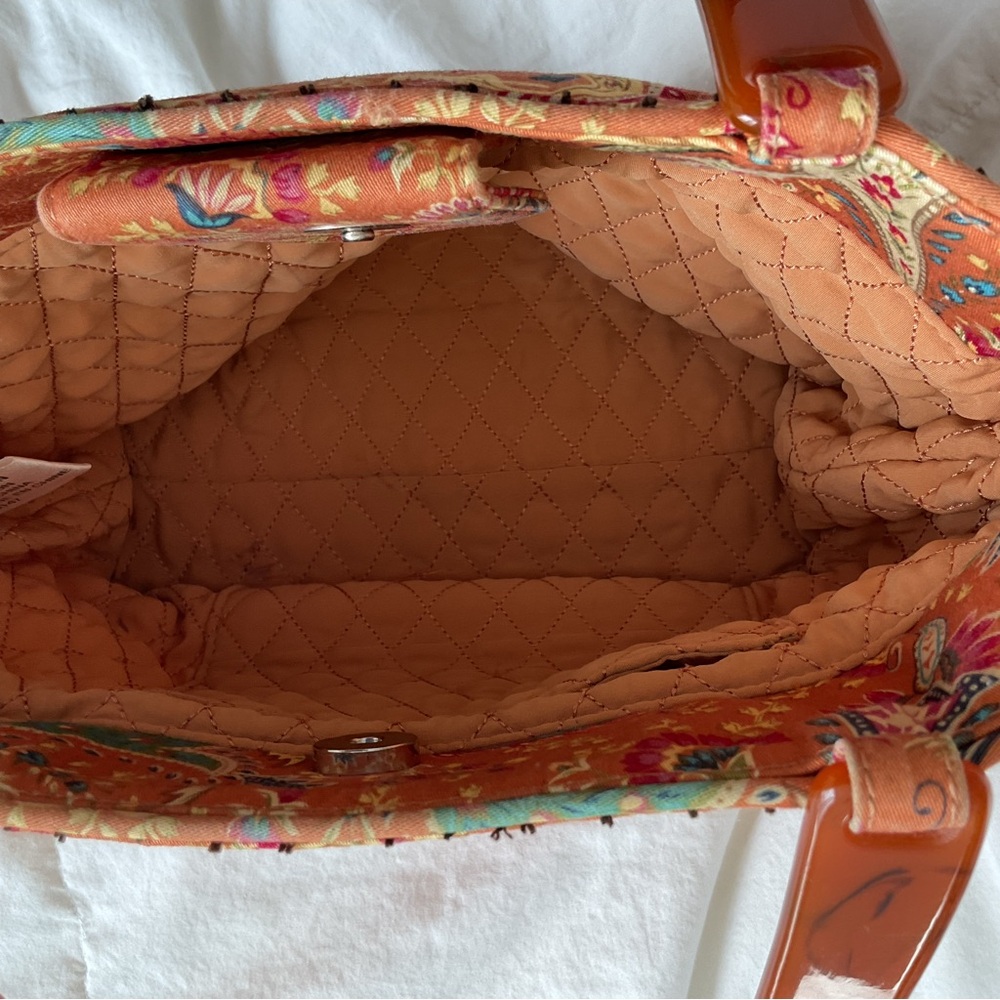 Talbots orange paisley print cotton purse with tortoise-colored plastic Handle - Picture 5 of 6
